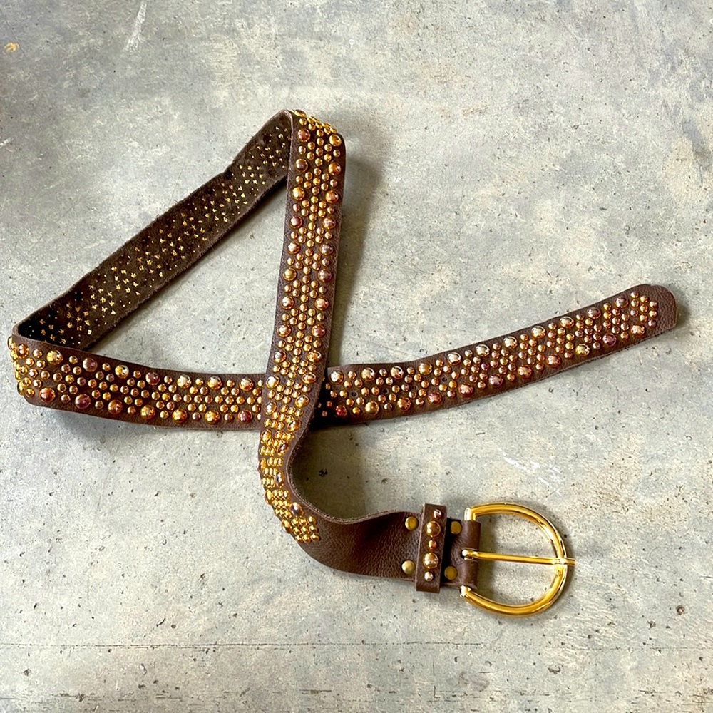Brown leather hand studded belt